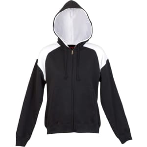 A women's juniors shoulder contrast zip hoodie featuring black and white panels and a front pocket.
