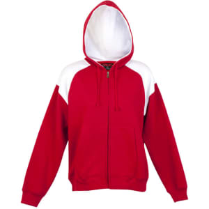A red and white hooded zip hoodie featuring contrasting sleeves and a front zip closure.