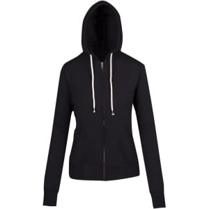 A black zip hoodie featuring a hood, long sleeves, and a front pocket. It has contrasting drawstrings and a brand logo.