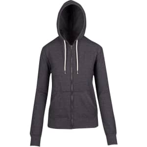 A zip hoodie in heather grey with a hood and drawstrings, featuring long sleeves and a fitted design.
