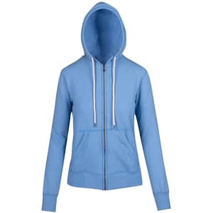 A blue zip hoodie with a hood, featuring a front pocket and a logo.