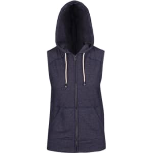 A dark heather sleeveless zip hoodie with a hood and front pockets, featuring a branding logo.