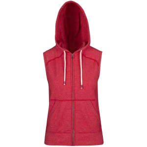 A sleeveless zip hoodie in a vibrant red hue with a hood and front pockets. It features a branded logo.