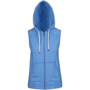 A sleeveless zip hoodie in light blue, featuring a hood and front pockets, with a logo on the front.