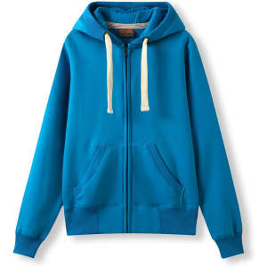 A blue women's junior heavy zip fleece hoodie with a hood and two front pockets. It features a logo on the garment.
