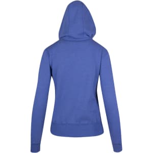 A blue women's juniors heavy fleece hoodie with a fitted design and a hood, featuring a logo on the back.