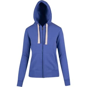 A blue women's junior heavy zip fleece hoodie with a hood, featuring two front pockets and a branding logo.