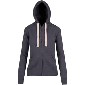 A dark grey women's junior heavy zip fleece hoodie with a lined hood and cream drawstrings. It features two front pockets and a logo.