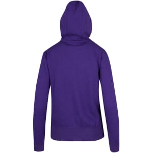 A purple women's juniors heavy fleece hoodie featuring a back view with a hood and long sleeves.