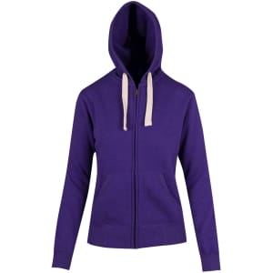 A purple heavy zip fleece hoodie with a hood and contrasting drawstrings. Features a front zip and long sleeves.