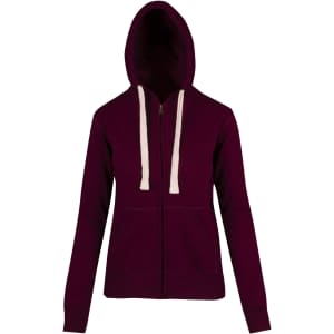 A women's junior heavy zip fleece hoodie in burgundy with a hood and cream-coloured drawstrings.