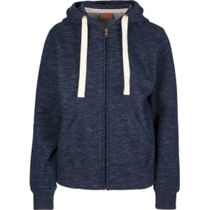 A navy heavy zip fleece hoodie with a hood and cream drawstrings, featuring front pockets and a branded label.