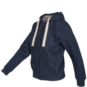 A dark navy fleece hoodie with a zip front, cream drawstrings, and a logo on the chest.