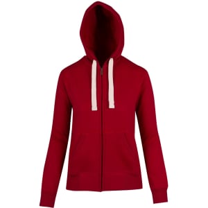 A red fleece zip hoodie with a hood, featuring front pockets and a contrasting light-coloured zipper.