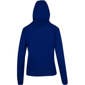 A blue women's juniors heavy fleece hoodie with a fitted design and a hood at the back.