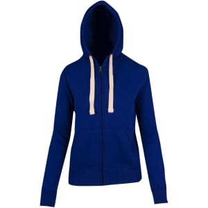 A blue women's junior heavy zip fleece hoodie with a hood and contrasting drawstrings. It features a front zip and pockets.