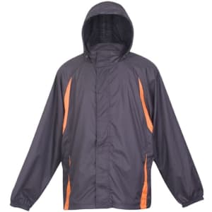 A men's shower-proof nylon jacket in dark grey with orange accents and a hood, featuring a logo.