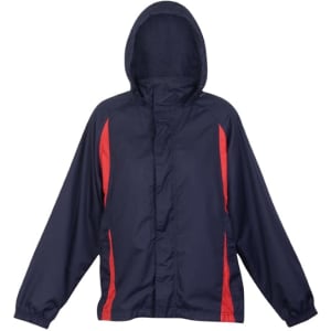 A navy blue and red shower-proof nylon jacket with a hood and elastic cuffs, featuring a logo.