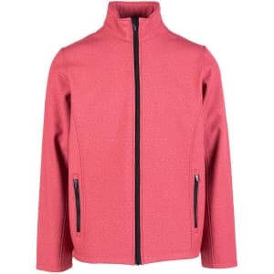 A red soft shell jacket with a high collar and zippered pockets, featuring a logo on the front.