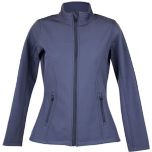 A women's soft shell jacket in navy, featuring a zip front and side pockets, with a branding logo.