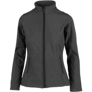 A women's soft shell jacket in a textured dark grey, featuring zippered pockets and a stand-up collar.