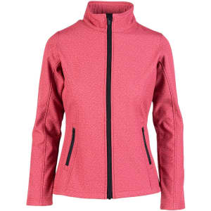 A pink women's soft shell jacket with a high collar and zippered pockets, featuring a branding logo.