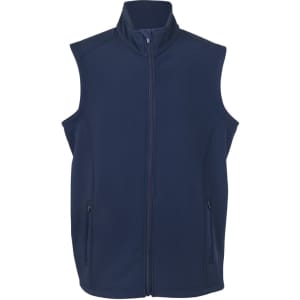 A navy blue men's soft shell vest with a high collar and two zippered pockets. It features a logo.