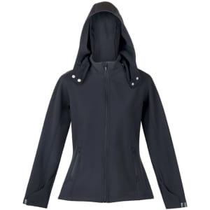 A black women's soft shell hooded jacket with a zip front and an attached hood, featuring a minimal design.