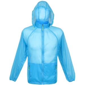 A light blue men's air jacket with a hood, featuring a zippered front and a logo on the design.