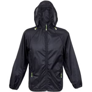 A black men's air jacket featuring a hood and green zip details, with a brand logo on it.