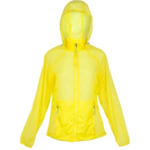A lightweight women's jacket in bright yellow with a hood and zippered pockets, featuring a logo.