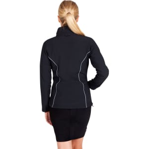 A black women's jacket featuring contrast stitching and a high collar, viewed from the back.