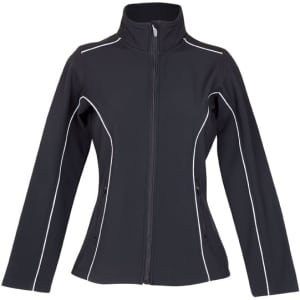 A black women's jacket with white detailing, featuring a full zipper and long sleeves, and has a logo.
