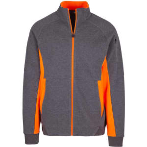 A grey jacket with orange accents, featuring a zip front and a logo on the side.