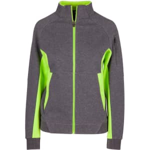 A zip-up women's jacket in grey with bright green accents and a zippered pocket on the sleeve. It has a logo.
