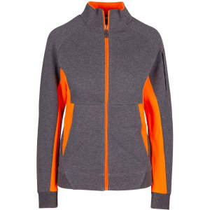 A grey jacket with orange accents, featuring a zip-up front and a side pocket. Includes a brand logo.