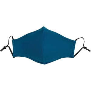 A teal face mask made from 100% cotton, featuring adjustable toggles on the sides.