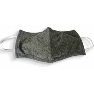 A grey 100% cotton face mask with ear loops, featuring a simple design and a branded logo.