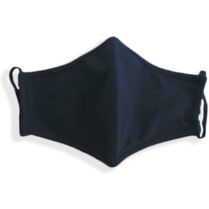 A navy blue cotton face mask with ear loops and a central seam. It has a simple design and includes a logo.
