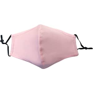 A pink cotton face mask with a middle seam and adjustable toggles, featuring a simple design.