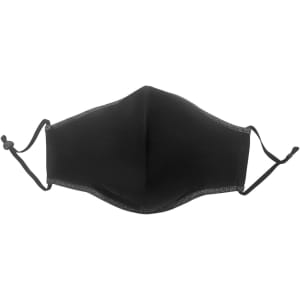 A black cotton face mask with adjustable toggles, designed for comfortable wear. Features a simple design with a logo.