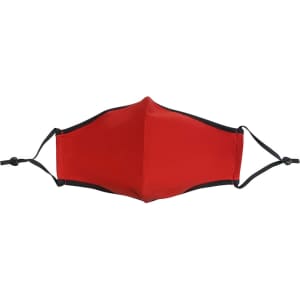 A red cotton face mask with adjustable black toggle straps and a logo.