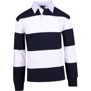 A black and white striped men's/unisex rugby polo with a collared neckline and long sleeves. It features a logo.