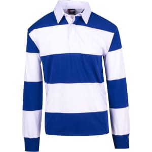 A blue and white striped rugby polo shirt with long sleeves and a collar, featuring a logo.