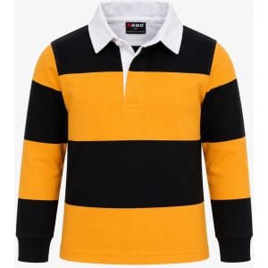 A kid's rugby polo top featuring yellow and black horizontal stripes, with a white collar and an attached branding label.