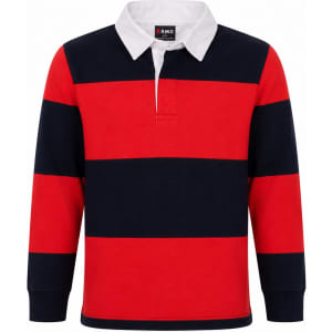 A kid's rugby polo top featuring red and navy horizontal stripes and a white collar. The top has a logo on it.