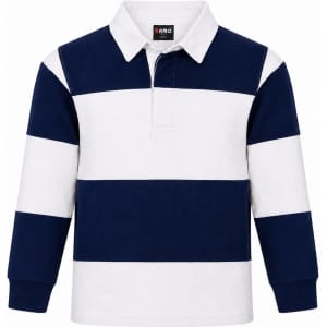 A rugby polo top featuring black and white horizontal stripes, with long sleeves and a collared neck.