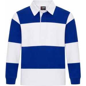 A blue and white striped rugby polo top with long sleeves and a collar. It features a logo on the chest.