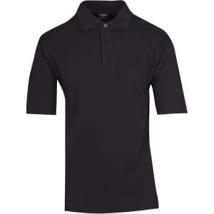 A men's black 100% cotton jersey polo shirt featuring a collar, short sleeves, and a logo on the chest.