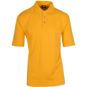 A yellow men's 100% cotton jersey polo shirt with a classic collar and three-button placket. It has a logo on the collar.